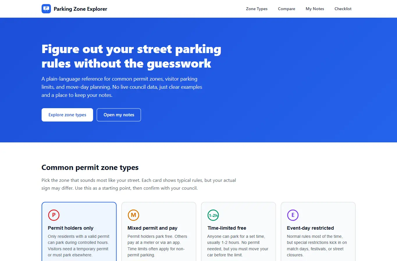 Screenshot of Residential Parking Permit Zone Explorer interface showing the project page in use